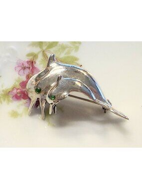Vintage 1970s Mexcio Sterling Silver Jumping Dolphins Brooch Green Onyx Eyes